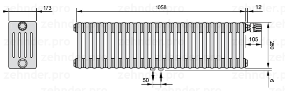 Схема (чертеж) Радиатор Zehnder Charleston 5026/23 №V008 Белый глянцевый RAL 9016